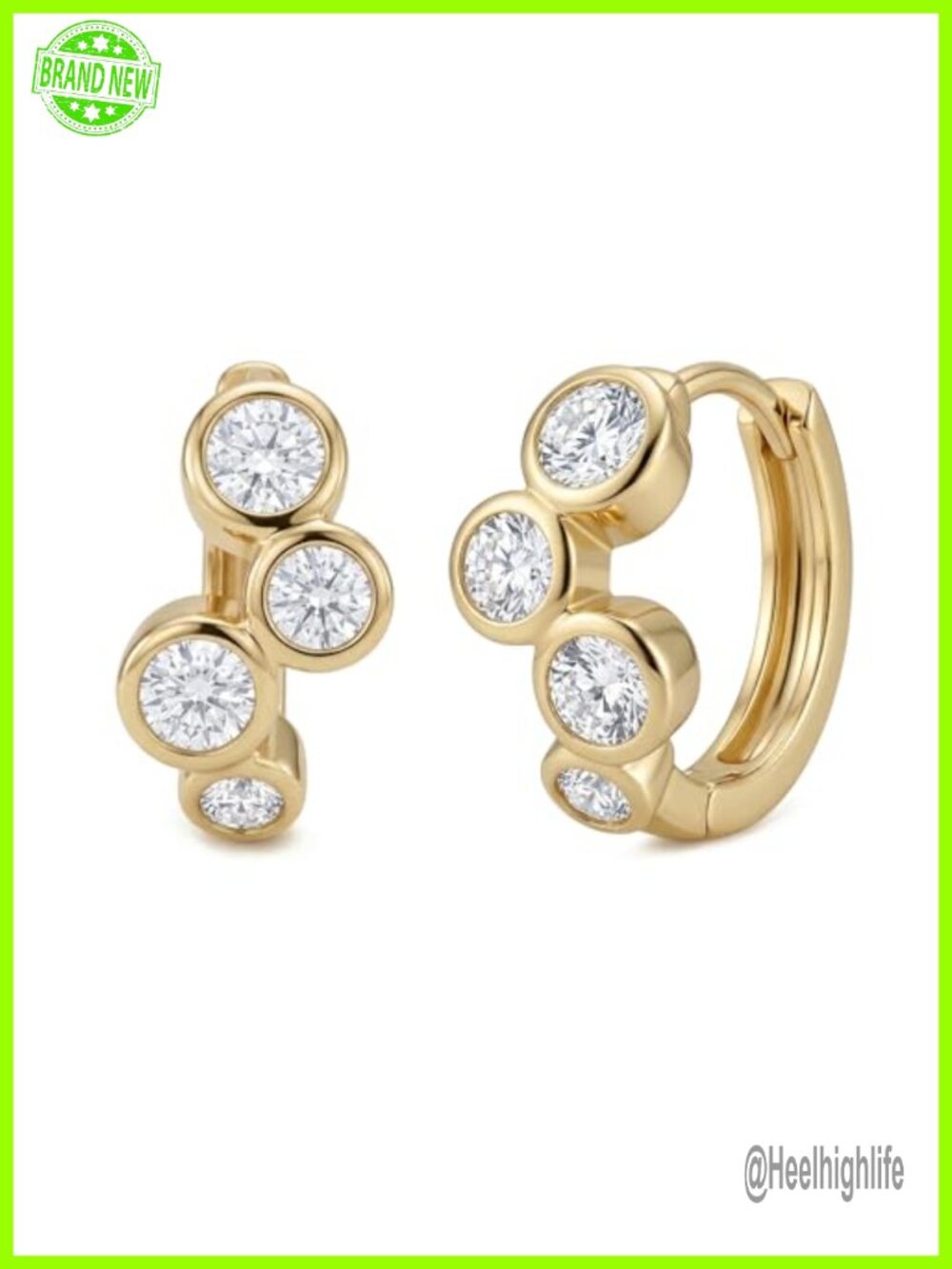 14K Gold Plated CZ Bezel Huggie Hoop Earrings Hinged Closure